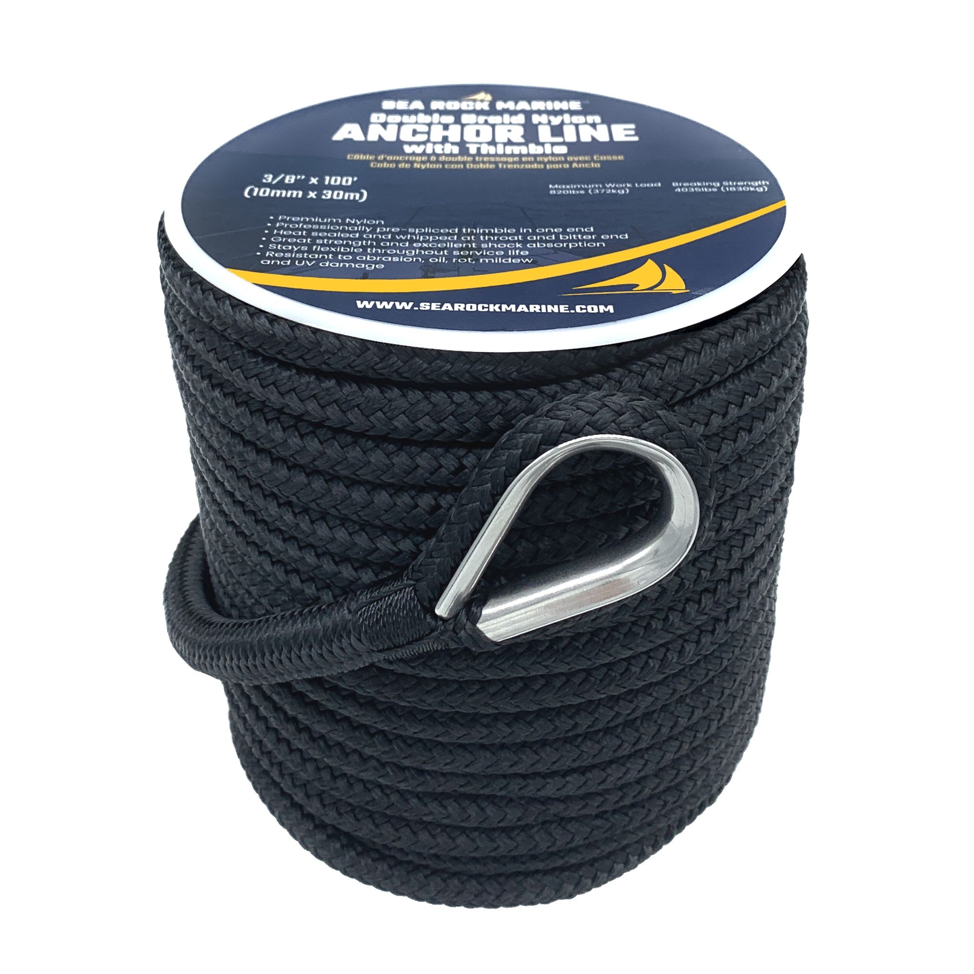 Sea Rock Marine Premium Double Braid Nylon Anchor Line with Thimble - 3/8” x  100' (10mm x 30m), Black