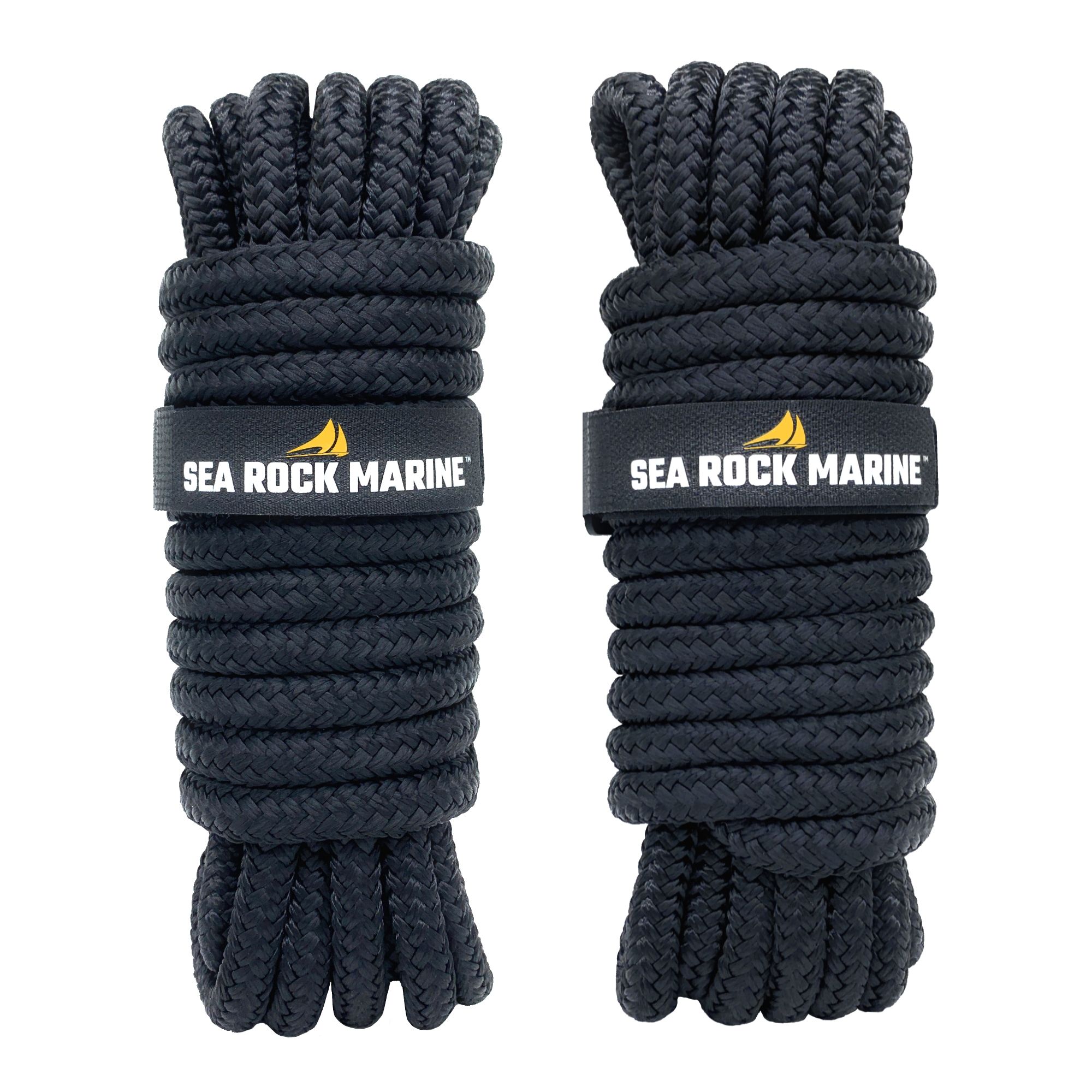 Sea Rock Marine Premium Double Braid Nylon Dock Line - 1/2” x 25' (12mm x  7.6m), Black, set of 2