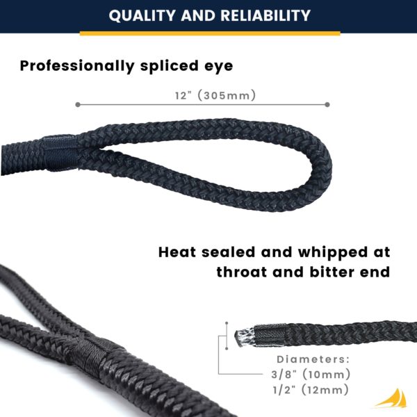 Sea Rock Marine Double Braided Nylon Anchor Line showing Eyelet, throat and bitter end